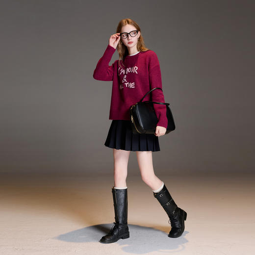 三彩2025冬季新款圆领字母绣花针织衫宽松长袖简约套头衫M 商品图3