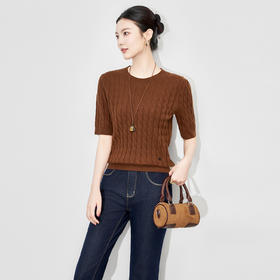 「高货wl」全新升级【铂金会员220/天猫289/差价69】(81152)洛诗琳新款羊毛混纺绞花短袖2025秋季百搭显瘦针织T恤女