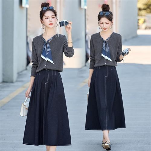 时尚高级感长袖丝巾针织开衫＋高腰牛仔半身裙两件套HR-YM7738 商品图1