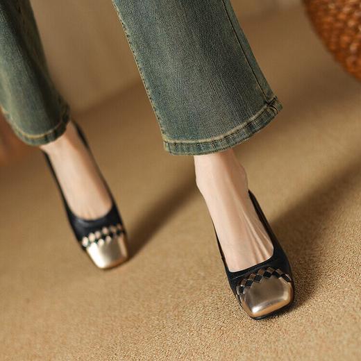 【预售5天】法式复古拼色粗跟方头单鞋女新款软羊皮中跟一脚蹬舒适浅口鞋DPJ&2900 商品图3