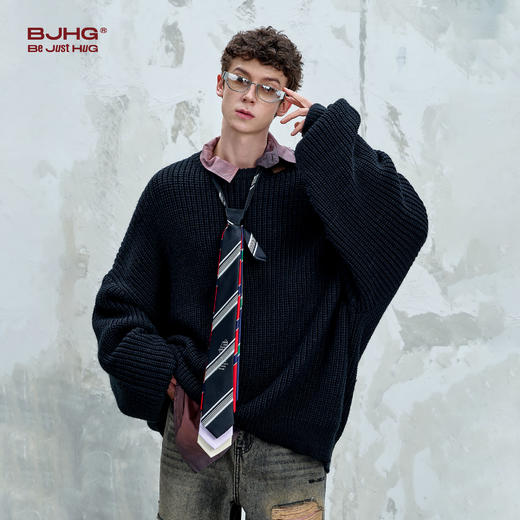 BJHG不计后果纱线圆领毛衣男款秋季2025新款潮牌简约慵懒风针织衫 商品图1