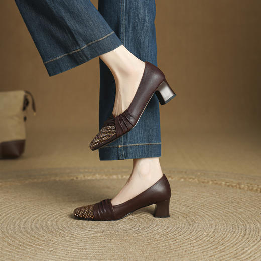 【预售5天】法式复古手抓羊皮优雅低跟单鞋女通勤真皮方头浅口小皮鞋MLS&A1030 商品图1
