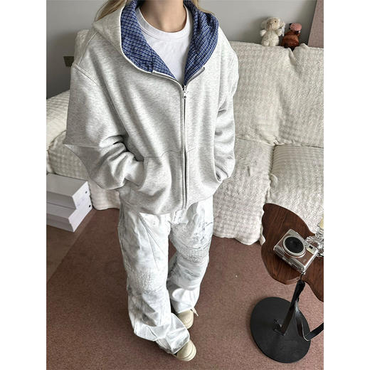 双面穿连帽外套 格子设计感开衫卫衣 秋冬美式复古情侣外套上衣 商品图5