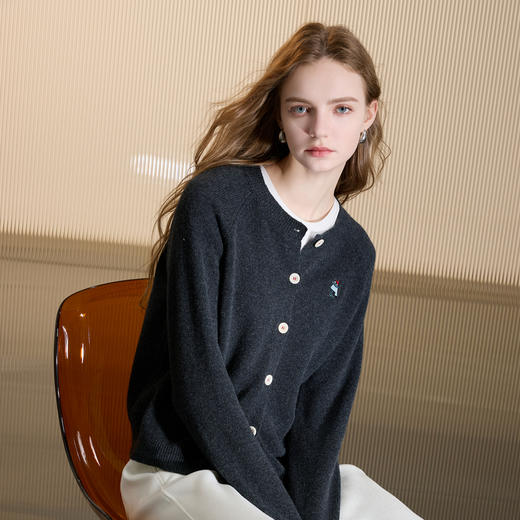 【100绵羊毛】三彩2025冬新款绣花圆领针织衫长袖开衫显瘦高级感M 商品图2