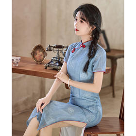 6052 绝美改良国风旗袍夏季2025新款少女夏年轻款蓝色连衣裙新中式优雅