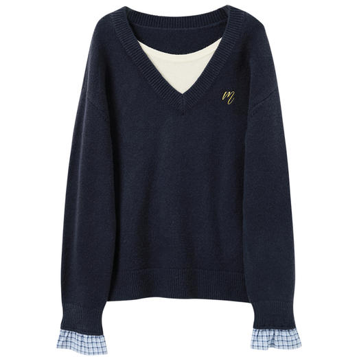 三彩独醒2025冬季新款假两件针织衫长袖简约套头衫上衣宽松F 商品图4