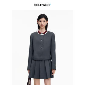 SELFWHO绵羊毛混纺撞色毛织圆领外套女2025秋季新款宽松箱型上衣