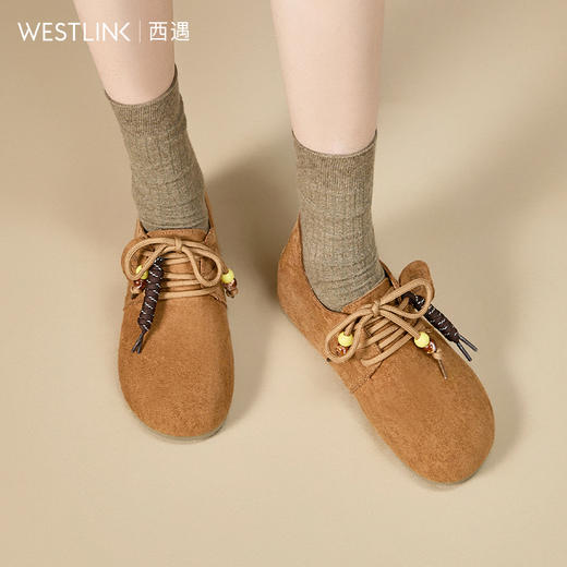 西遇系带勃肯鞋女新款秋季复古丑萌圆头平底乐福鞋软底单鞋K1857053 商品图1