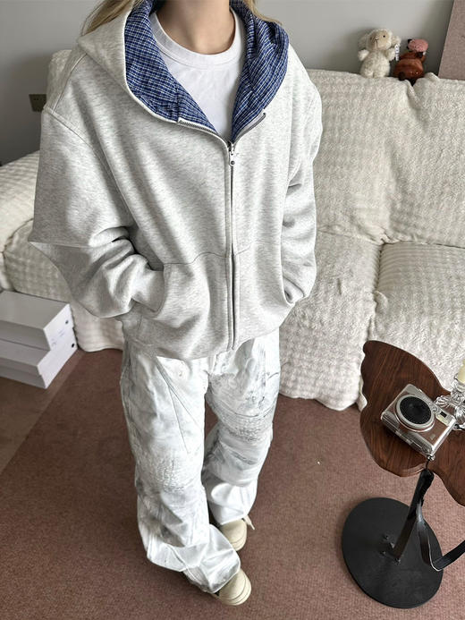 双面穿连帽外套 格子设计感开衫卫衣 秋冬美式复古情侣外套上衣 商品图0