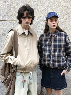 美式复古格纹双面穿外套 秋冬新款宽松小众休闲夹克上衣