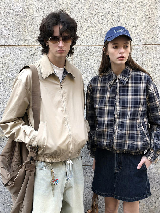 美式复古格纹双面穿外套 秋冬新款宽松小众休闲夹克上衣 商品图0