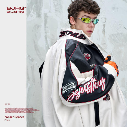 BJHG不计后果美式赛车夹克外套男秋季潮牌复古撞色情侣皮衣外套女 商品图2