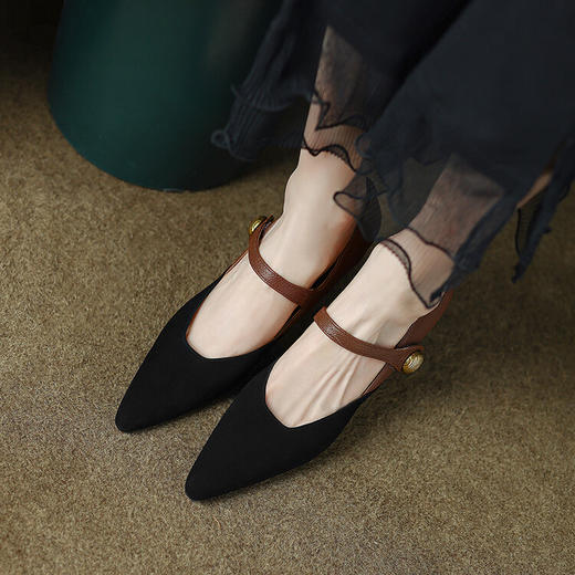 【预售5天】时尚浅口羊皮舒适女鞋春秋款细跟高跟尖头拼色时装单鞋ZF&ZF051D 商品图2