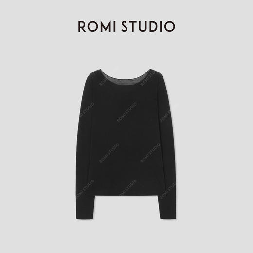 ROMI STUDIO 100%水溶羊毛黑色一字领落肩卷边针织衫 RW24WSD1134 商品图1