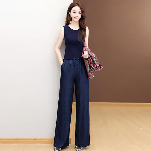 QYM 53B254-Y优雅三件套背心+格纹短款衬衫+高腰直筒阔腿裤套装 商品图1