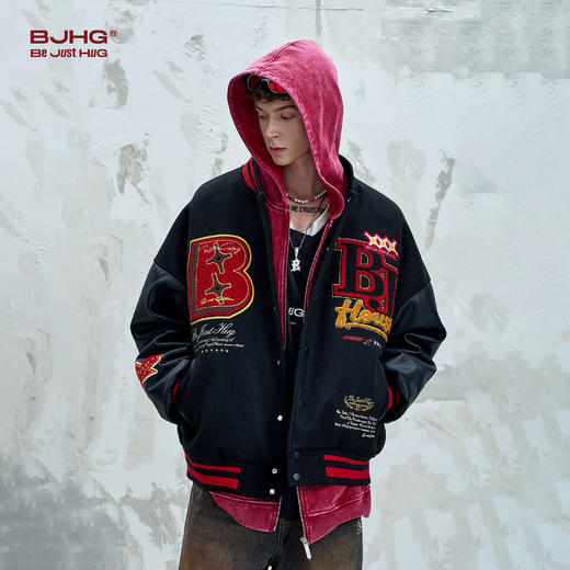 BJHG不计后果美式复古棒球服外套男款秋季撞色刺绣重磅棒球服夹克 商品图1