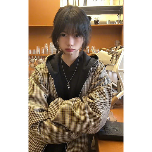 美式复古双面穿外套 千鸟格连帽拉链开衫卫衣 宽松潮牌外套上衣 商品图2