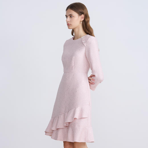 EITIE爱特爱精致粉色粗花呢荷叶裙摆圆领通勤2025秋季新款连衣裙C2507842 商品图3