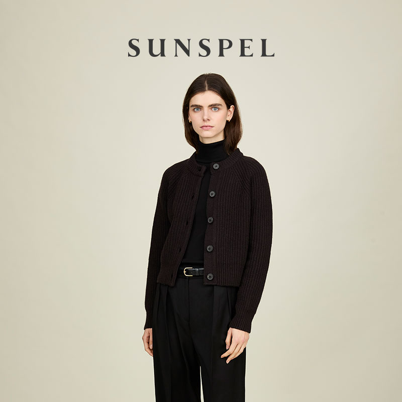 【秋冬新品】SUNSPEL女士秋冬羊毛圆领罗纹针织开衫