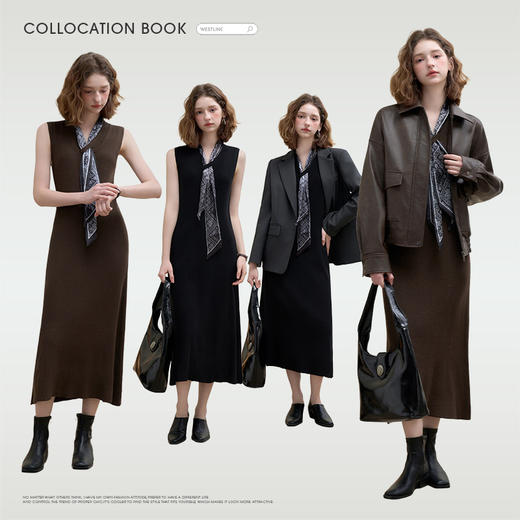 西遇气质通勤V领针织连衣裙女秋季配丝巾宽松显瘦直筒背心裙H0051312 商品图1