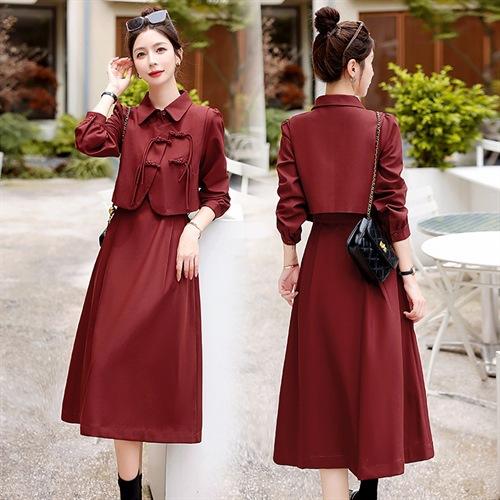 秋季新款复古盘扣两料扣马甲衬衣领气质两件套套裙HR-YWY8905 商品图0
