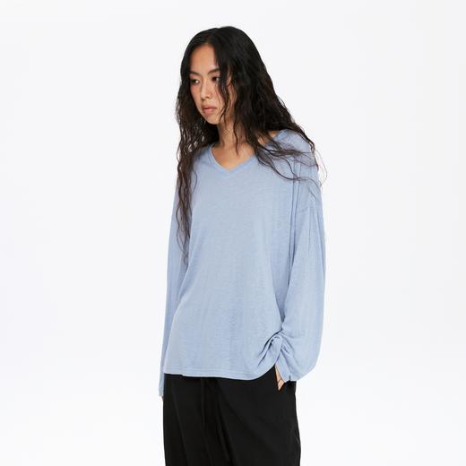 oneup亚麻宽松V领长袖T恤 商品图3