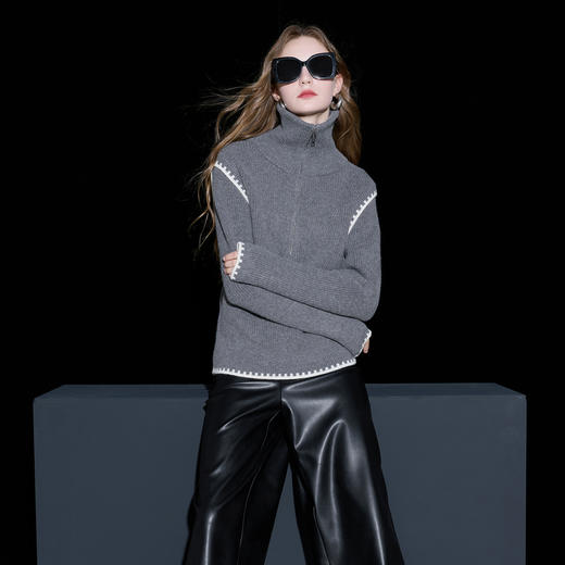 三彩2025冬季新款拉链翻领宽松针织衫长袖套头衫上衣毛衫M 商品图3