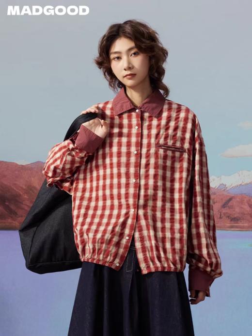 马得工地/MDGDCS13204/肌理格纹撞色领短款衬衫 商品图0