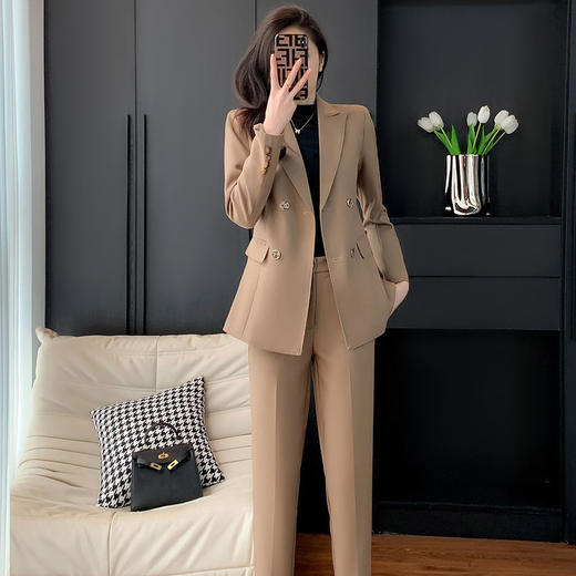 奢姿女装2025新款气质翻领职业套装女士时尚双排扣西装裤子两件套25090916 商品图2