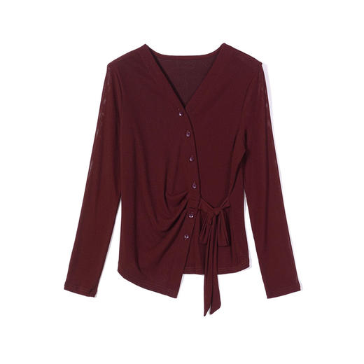 KQL E37M2929气质V领纯色网纱长袖系带网纱打底衫t恤 商品图3