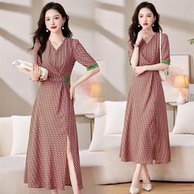 新款V领印花气质收腰显瘦轻熟法式开叉长裙连衣裙HR-SNX2798