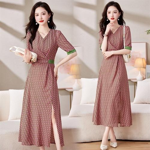 新款V领印花气质收腰显瘦轻熟法式开叉长裙连衣裙HR-SNX2798 商品图0
