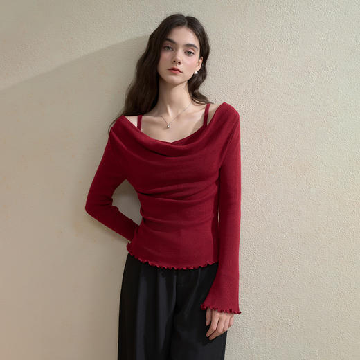 西遇韩系气质荡领假两件长袖针织衫女秋季高级感修身显瘦上衣V3051228 商品图1