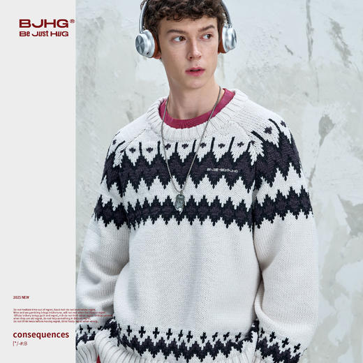 BJHG不计后果撞色圆领毛衣男款秋2025新款宽松百搭插肩袖情侣上衣 商品图1