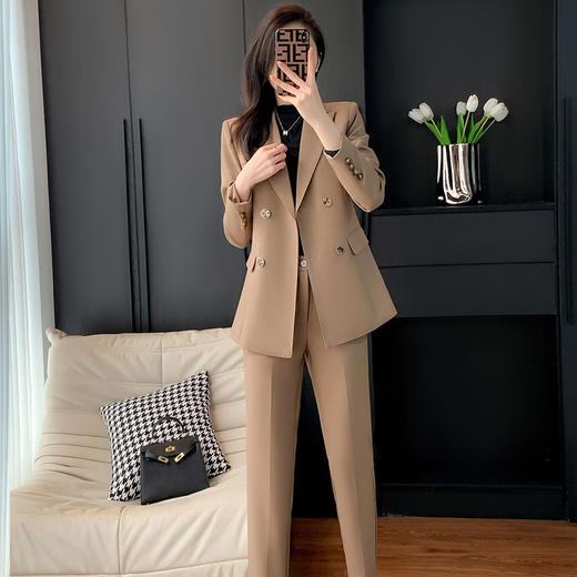 奢姿女装2025新款气质翻领职业套装女士时尚双排扣西装裤子两件套25090916 商品图1