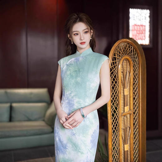 【预售3天】复古风蓝绿晕染文艺风改良长款日常可穿无袖旗袍MZ 商品图2