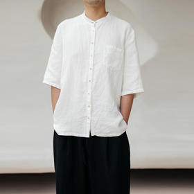 绽放606朵【黑白灰】2025男装汉麻中式精致立领白色中袖直襟小衫
