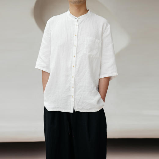 绽放606朵【黑白灰】2025男装汉麻中式精致立领白色中袖直襟小衫 商品图0