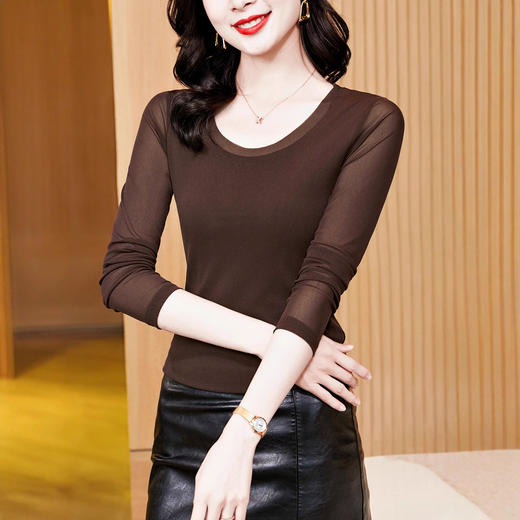 KQL E37M2927洋气圆领纯色修身显瘦网纱打底t恤 商品图1