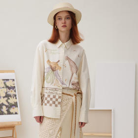 谜底衬衣长袖女2025秋季新品复古通勤复古手绘印花衬衫253MC1267