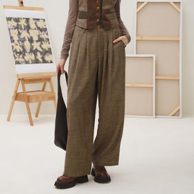 谜底阔腿裤女2025秋新品复古格纹阔腿裤型松紧腰休闲裤253MK1111