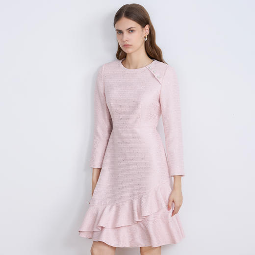EITIE爱特爱精致粉色粗花呢荷叶裙摆圆领通勤2025秋季新款连衣裙C2507842 商品图4