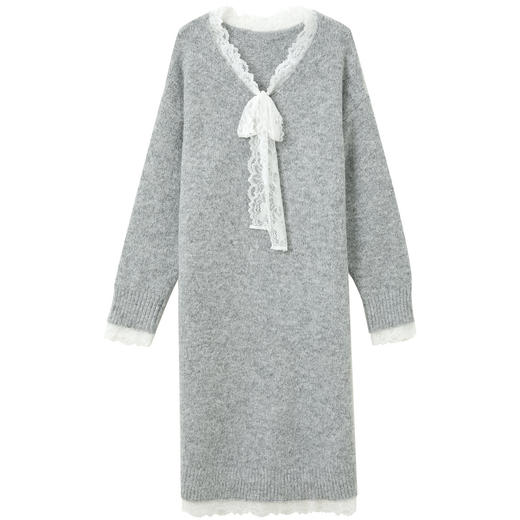 三彩2025冬季新款蕾丝V领针织连衣裙长袖直筒宽松慵懒气质M 商品图4