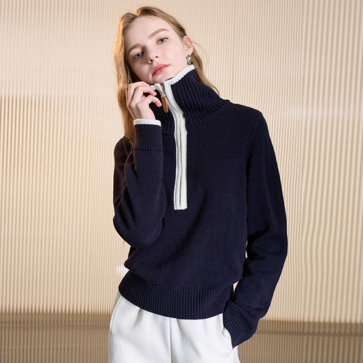 三彩2025冬季新款拉链大翻领针织衫长袖套头衫上衣毛衫休闲M 商品图3