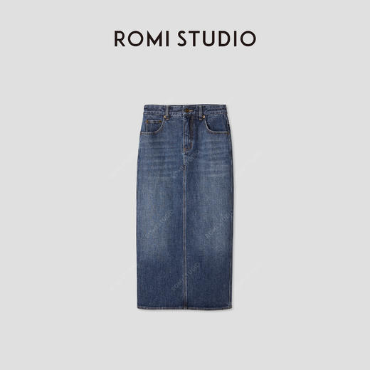 ROMI STUDIO“法式浪漫”酵洗棉质高腰后开衩牛仔八分裙RWCAXA4594 商品图0