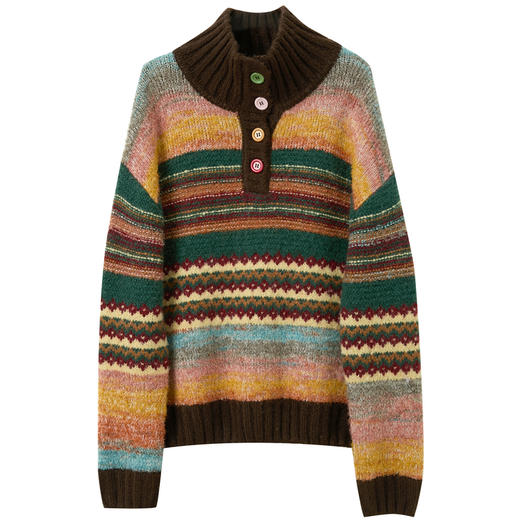 【奶油针织】三彩2025冬季新款条纹提花针织衫宽松长袖立领复古套头毛衫M 商品图4