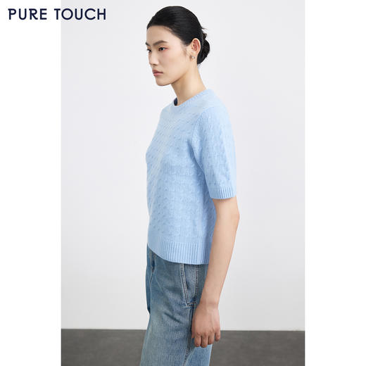 PURE TOUCH浅蓝色圆领绞花短袖针织衫 商品图3