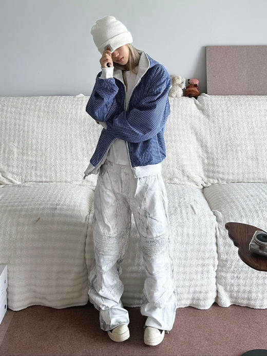 双面穿连帽外套 格子设计感开衫卫衣 秋冬美式复古情侣外套上衣 商品图3