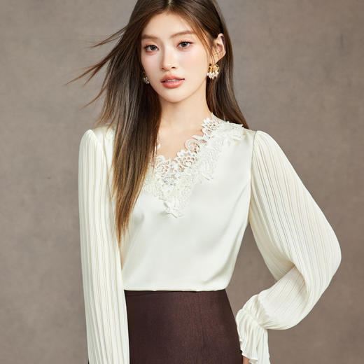 「自」全新升级【铂金会员183/天猫239/差价56】(01003)洛诗琳新款蕾丝拼接雪纺衫2025秋季设计感气质雪纺衬衫女 商品图3