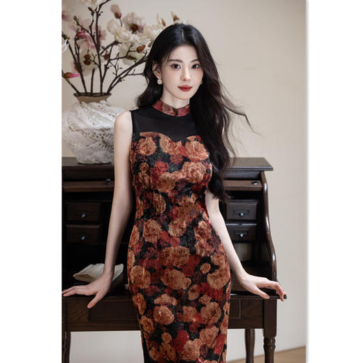 港风中式钻石绒，长款无袖旗袍GX-22783 商品图3